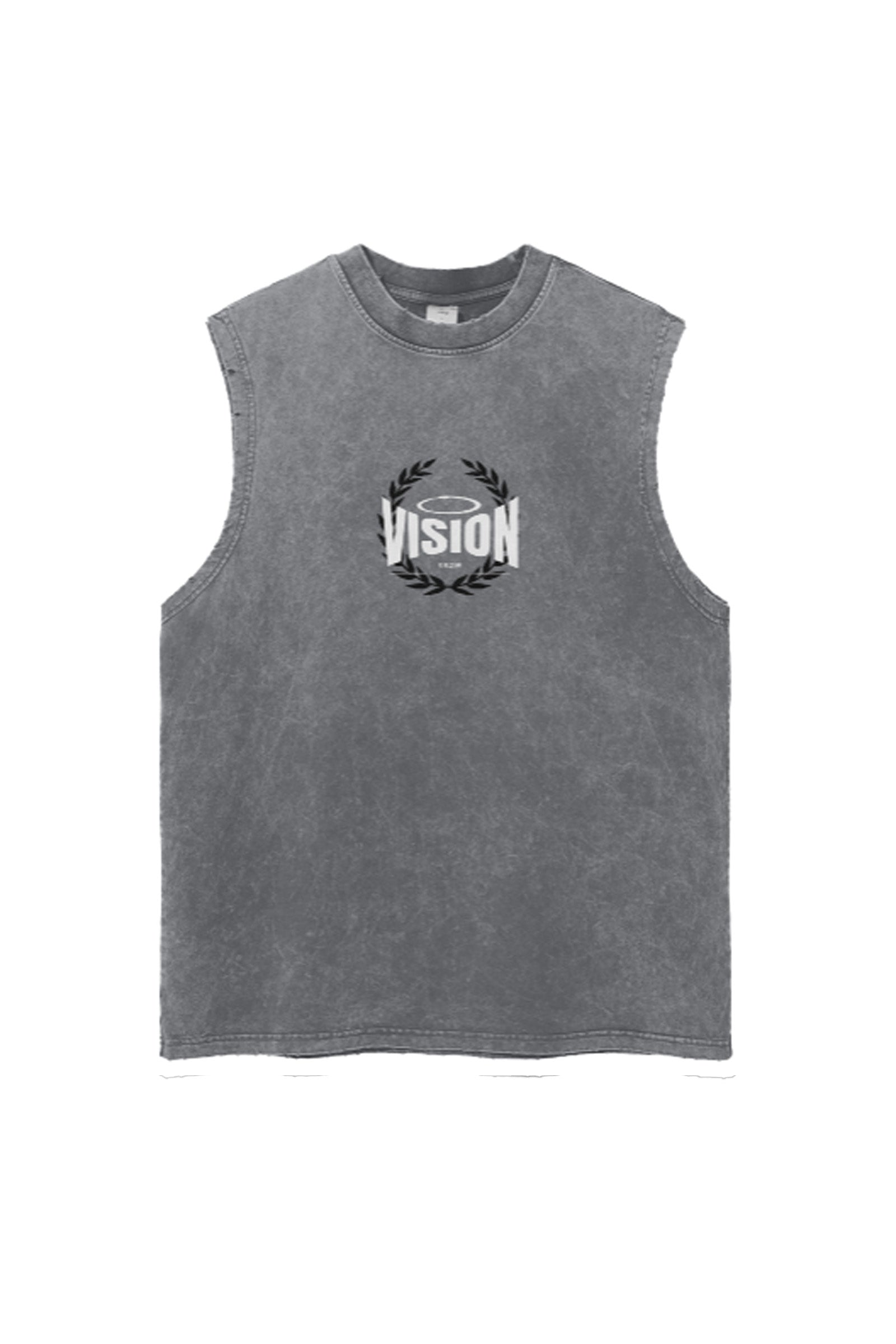 Man wearing a gray Vision Valor Cutoff tank top, a sleeveless muscle gym shirt designed for performance, comfort, and a bold athletic look.