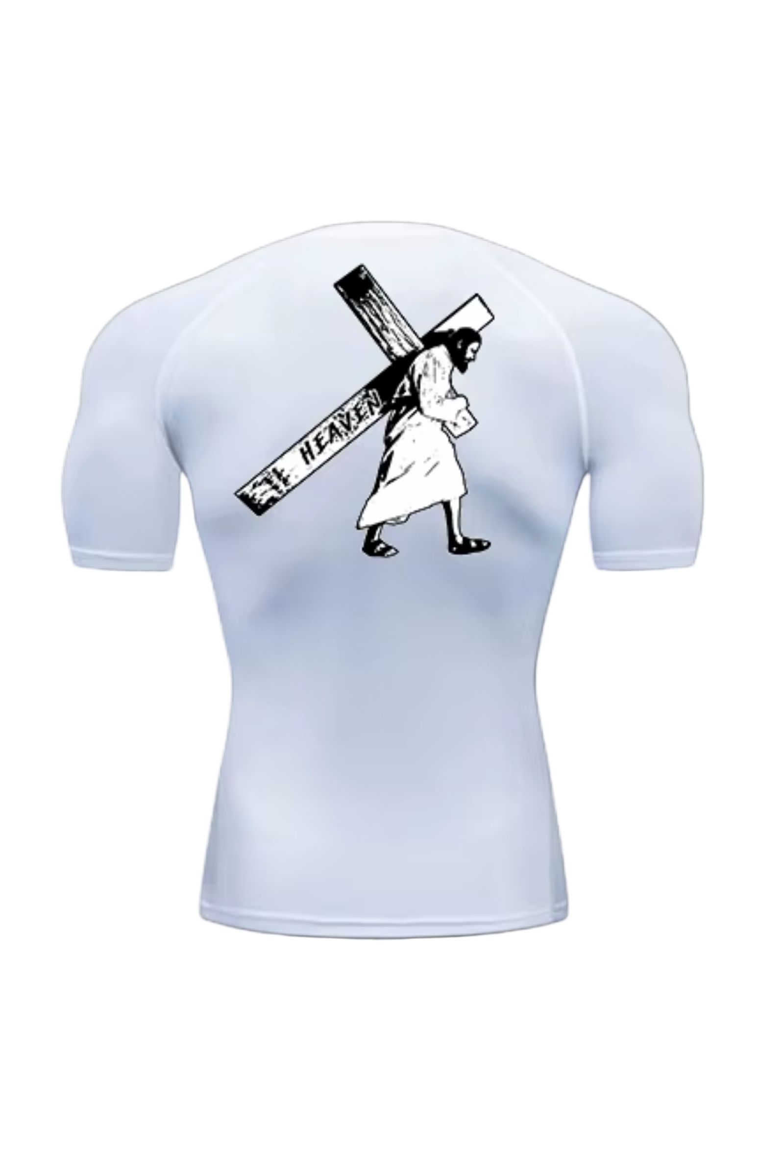 White t-shirt with a graphic design on the back against a black background