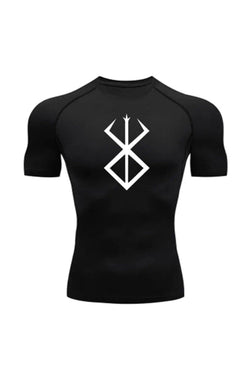 Unisex Black with White Logo Compression Shirt featuring the Berserk Brand of Sacrifice emblem, ideal for fitness and athletic activities.