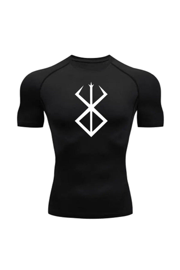 Unisex Black with White Logo Compression Shirt featuring the Berserk Brand of Sacrifice emblem, ideal for fitness and athletic activities.