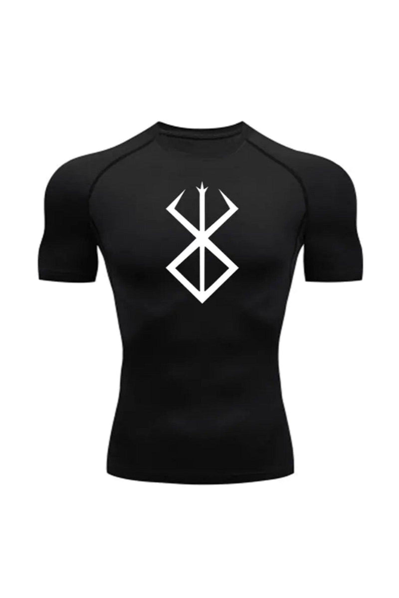 Unisex Black with White Logo Compression Shirt featuring the Berserk Brand of Sacrifice emblem, ideal for fitness and athletic activities.