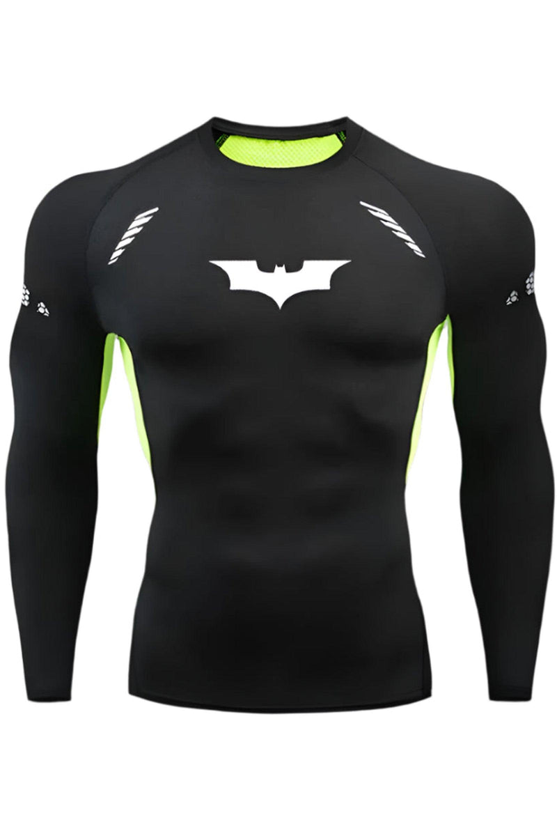 Unisex Long Sleeve Black and Lime Compression Shirt featuring the White Batman Logo, ideal for workouts and athletic activities