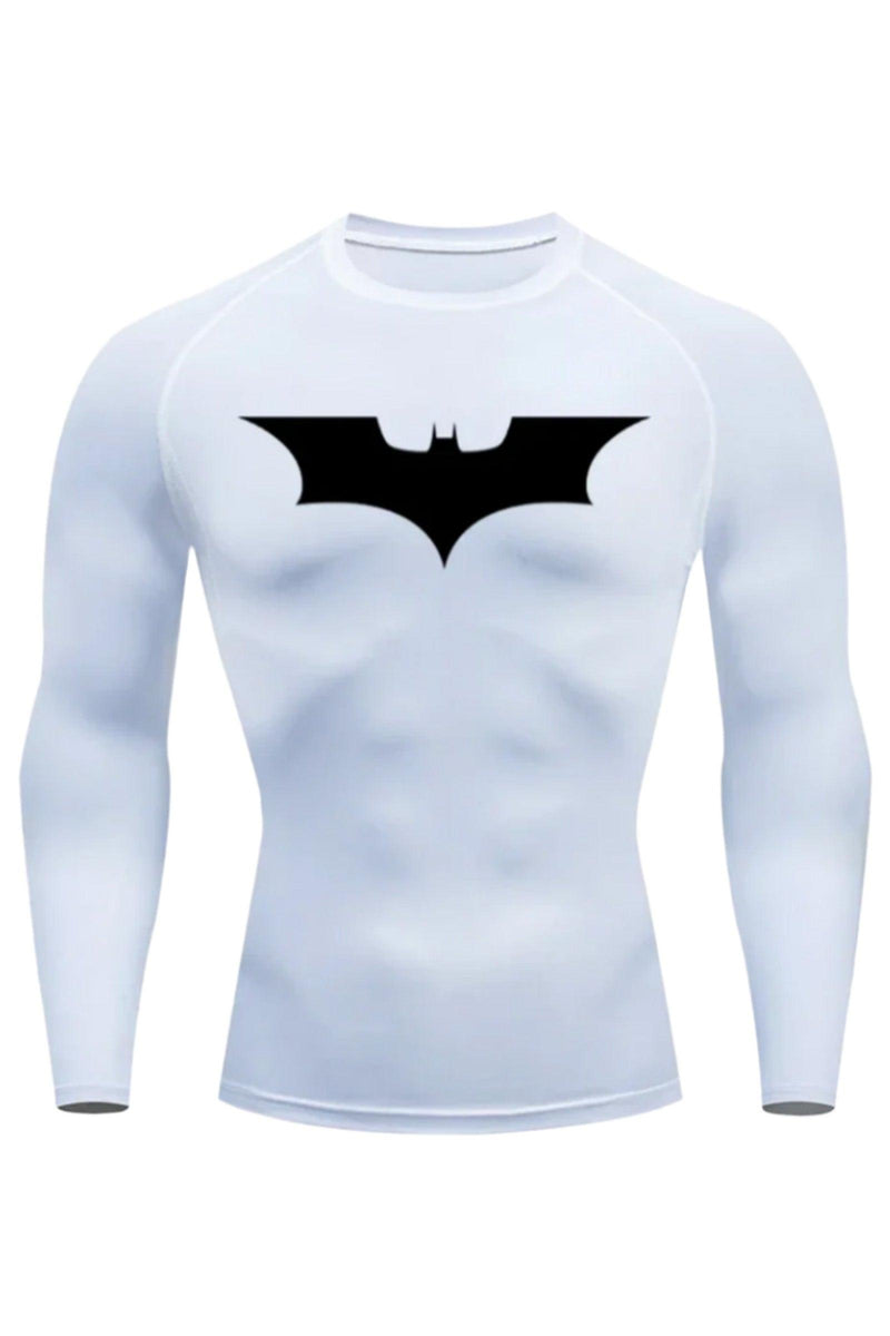 Unisex Long Sleeve White Compression Shirt featuring the Black Batman Logo, ideal for workouts and athletic activities