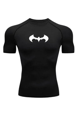 Men's Full Black With White Logo Compression Shirt with Batman Logo, Athletic Wear for Workouts and Sports.