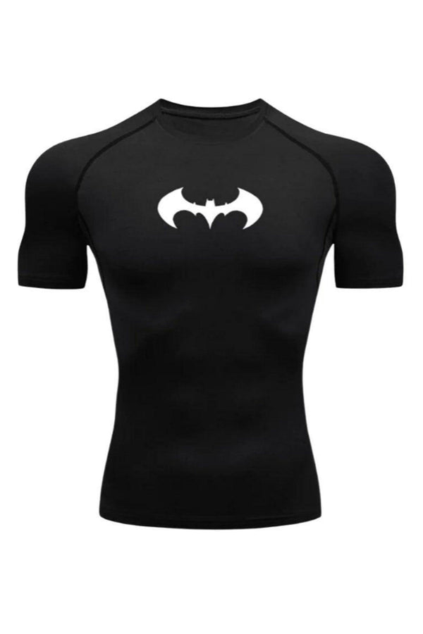 Men's Full Black With White Logo Compression Shirt with Batman Logo, Athletic Wear for Workouts and Sports.