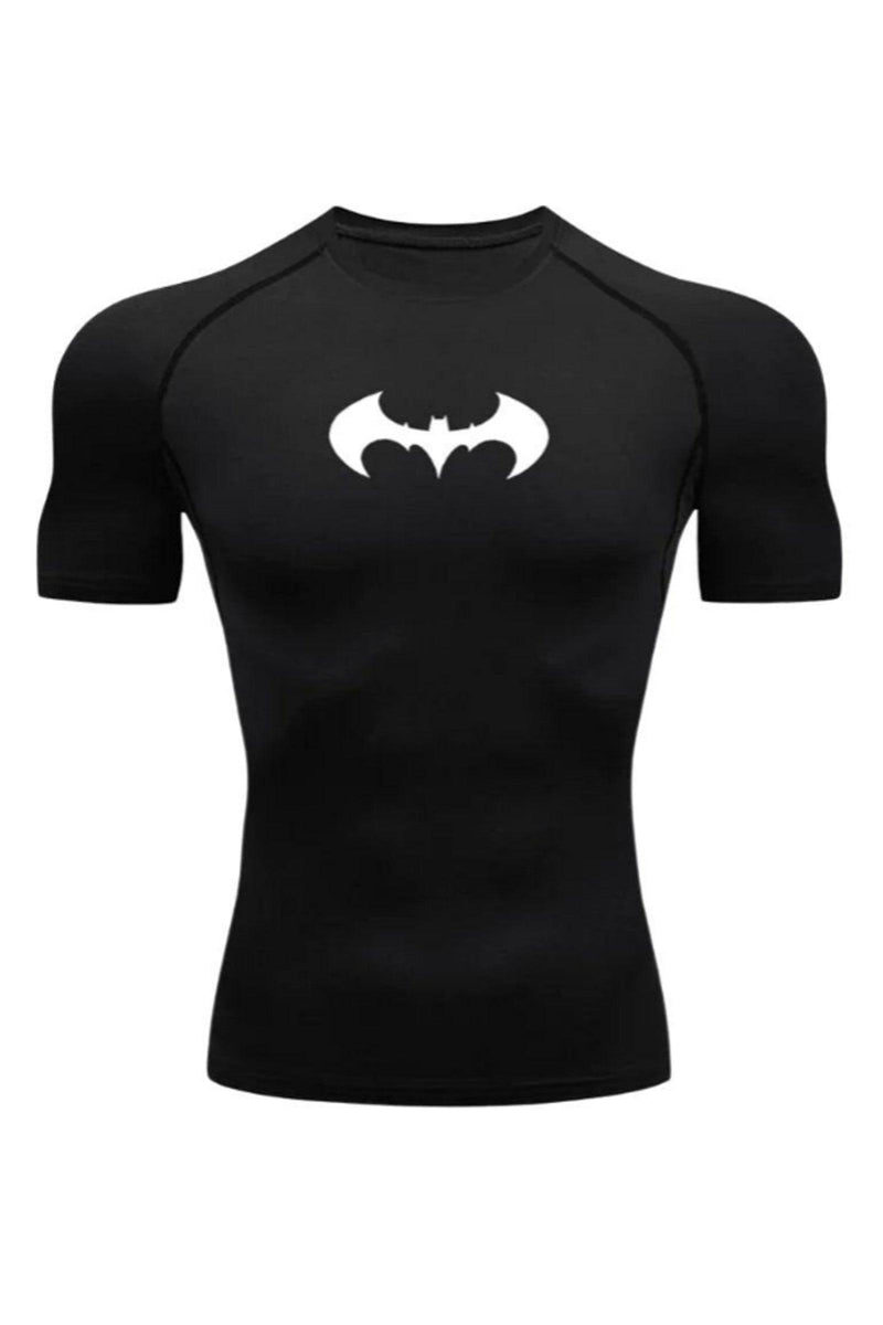 Men's Full Black With White Logo Compression Shirt with Batman Logo, Athletic Wear for Workouts and Sports.