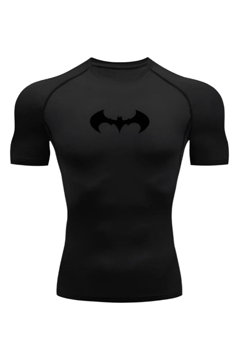 Men's Full Black with Black Logo Compression Shirt with Batman Logo, Athletic Wear for Workouts and Sports.