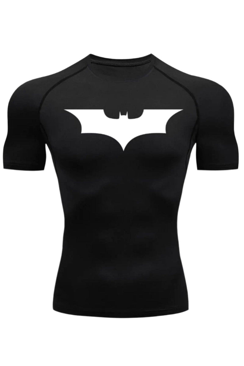 Men's black long sleeve compression shirt featuring the Dark Knight Batman logo, designed for optimal performance during workouts