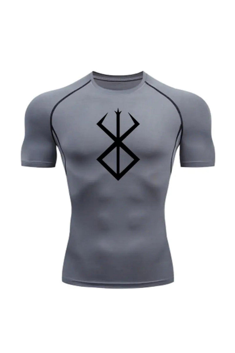 Unisex Gray with Black Logo Compression Shirt featuring the Berserk Brand of Sacrifice emblem, ideal for fitness and athletic activities.