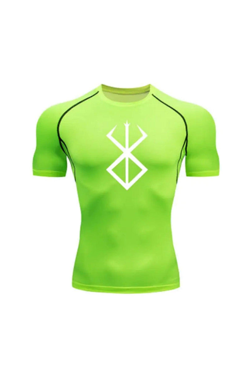 Unisex Light Green with White Logo Compression Shirt featuring the Berserk Brand of Sacrifice emblem, ideal for fitness and athletic activities.
