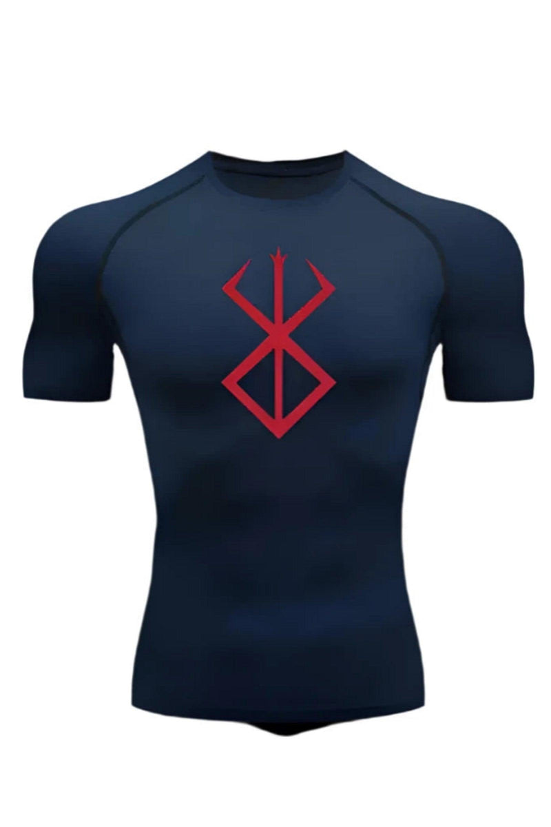 Unisex Navy Blue with Red Logo Compression Shirt featuring the Berserk Brand of Sacrifice emblem, ideal for fitness and athletic activities.