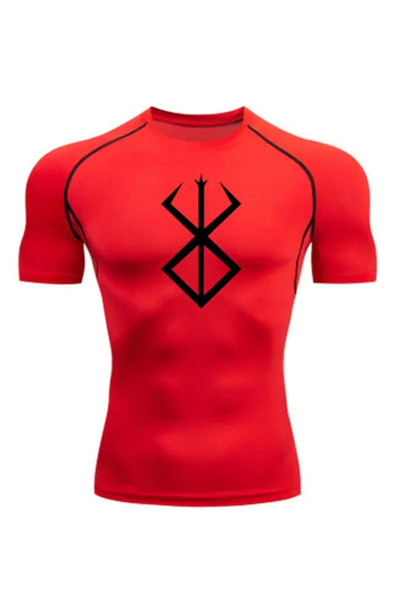 Unisex Red with Black Logo Compression Shirt featuring the Berserk Brand of Sacrifice emblem, ideal for fitness and athletic activities.