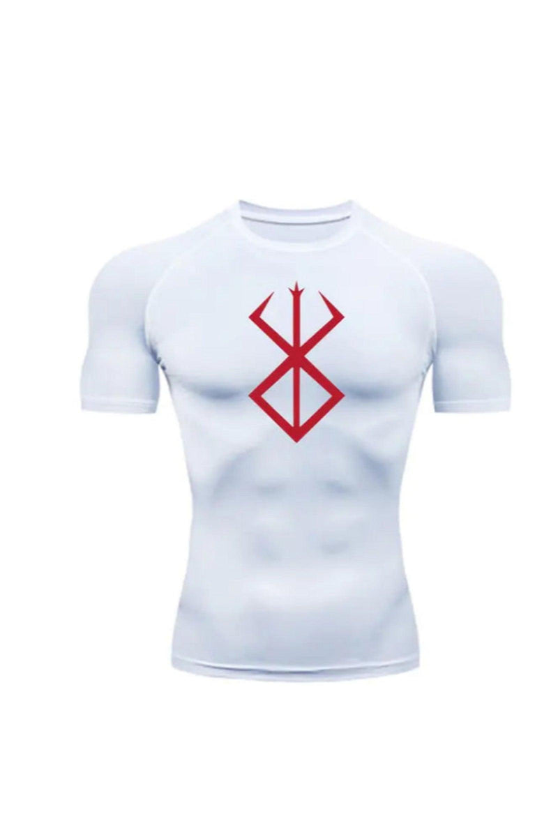 Unisex White with Red Logo Compression Shirt featuring the Berserk Brand of Sacrifice emblem, ideal for fitness and athletic activities.
