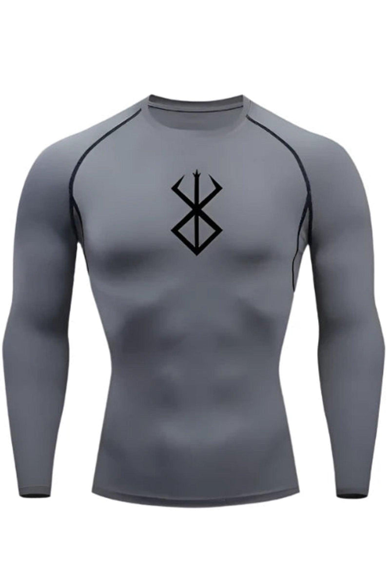 Men's Gray long sleeve compression shirt featuring the Berserk logo, designed for optimal performance during workouts.