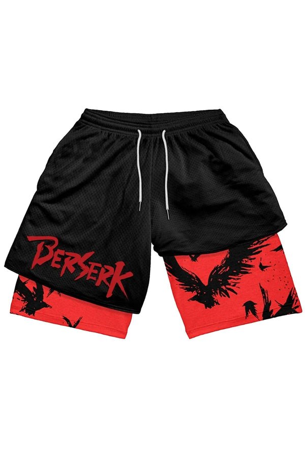 Blood red gym shorts featuring the Berserk logo, designed for comfort and performance during workouts.