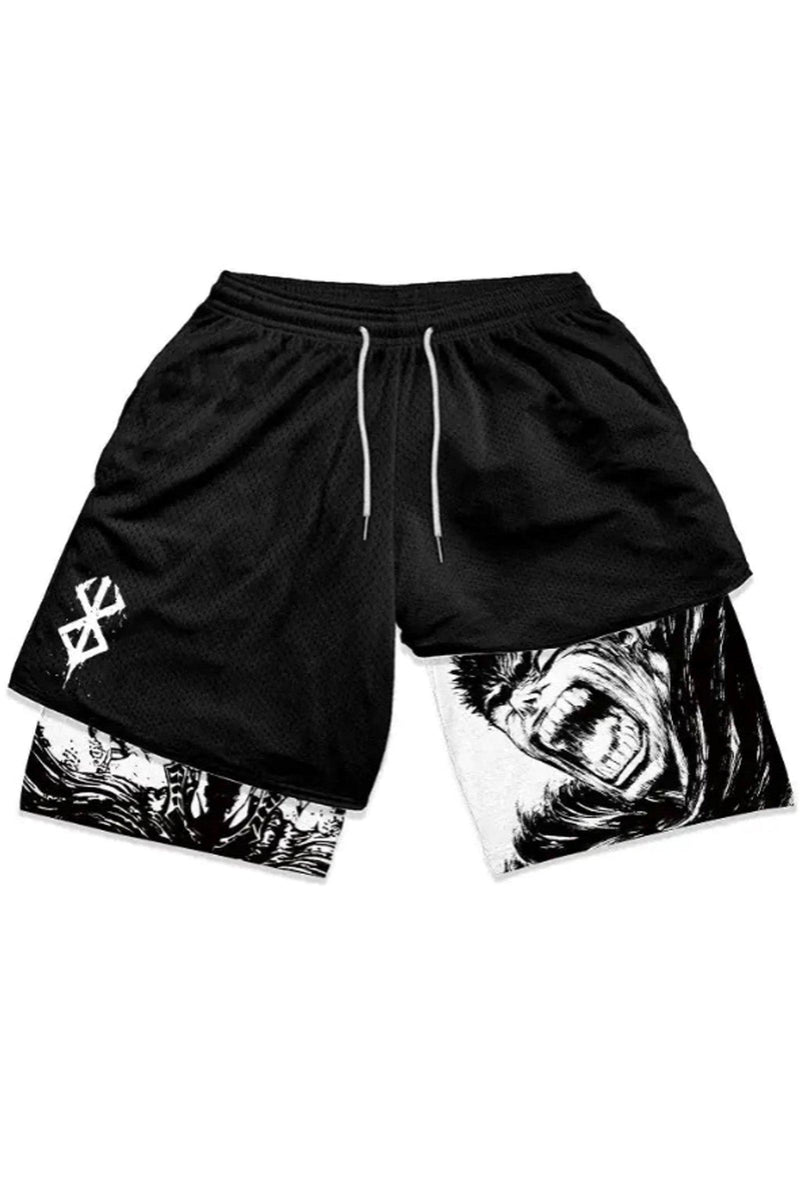 Unisex Black gym shorts featuring the Berserk logo, designed for comfort and performance during workouts.