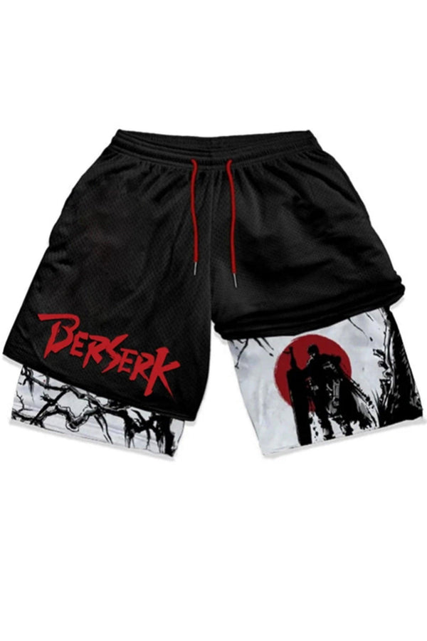 Gym shorts featuring a red moon Berserk design, crafted for comfort and performance with a sleek, athletic fit.