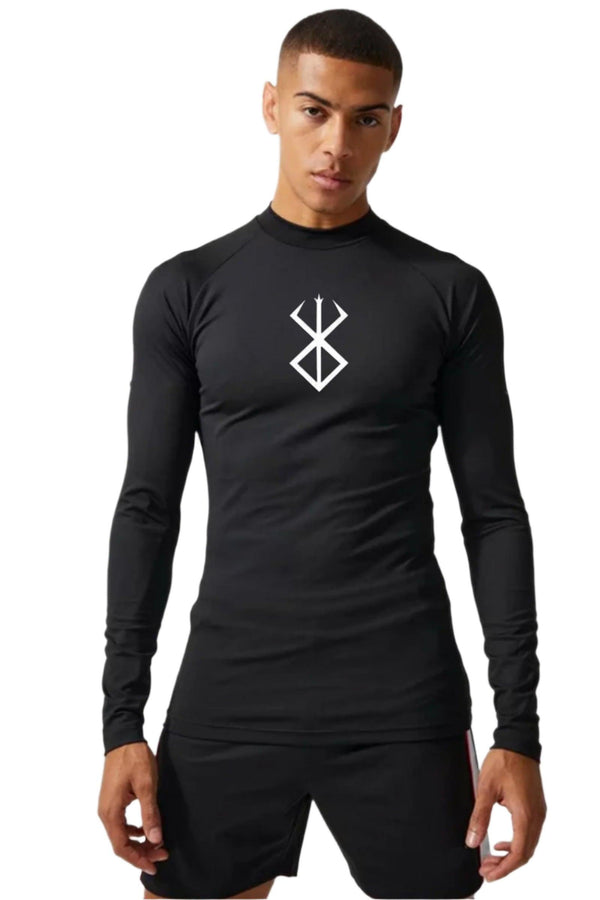 Men's long sleeve compression shirt featuring the Berserk logo, designed for optimal performance during workouts.