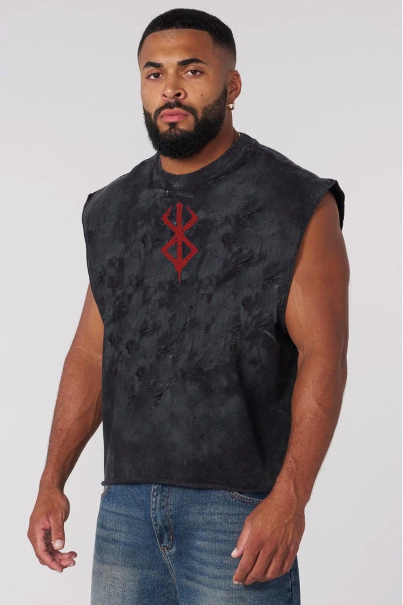 Unisex tank top featuring the Berserk logo, crafted from gray faded material for a vintage look, suitable for workouts or casual wear.