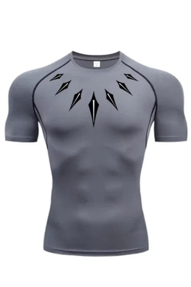Men's Gray long sleeve compression shirt featuring the Black Panther logo, designed for optimal performance during workouts.