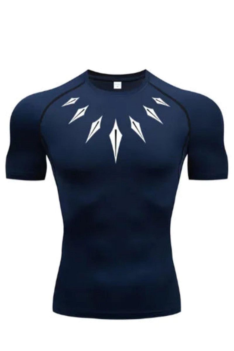 Men's Navy Blue long sleeve compression shirt featuring the Black Panther logo, designed for optimal performance during workouts.