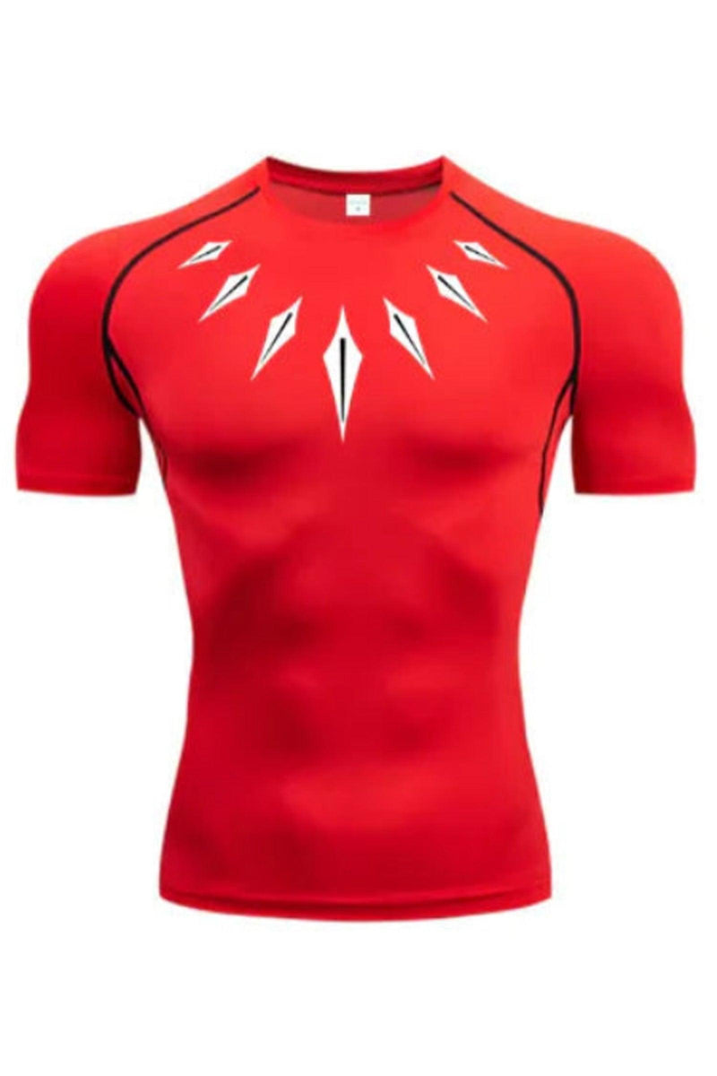 Men's Red long sleeve compression shirt featuring the Black Panther logo, designed for optimal performance during workouts.