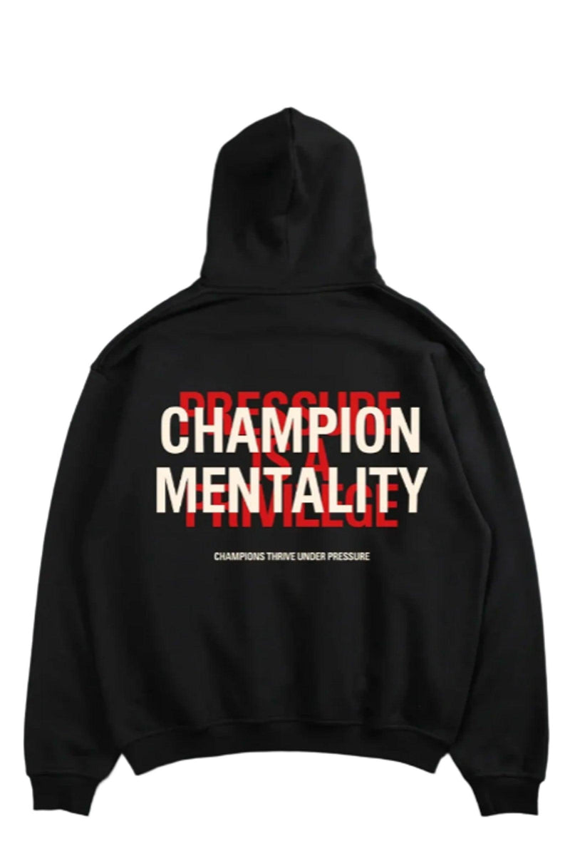 Black hoodie featuring 'Champion Mentality' on the front, designed for comfort and style.