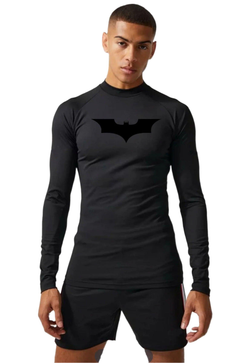 Men's long sleeve compression shirt featuring the Dark Knight Batman logo, designed for optimal performance during workouts