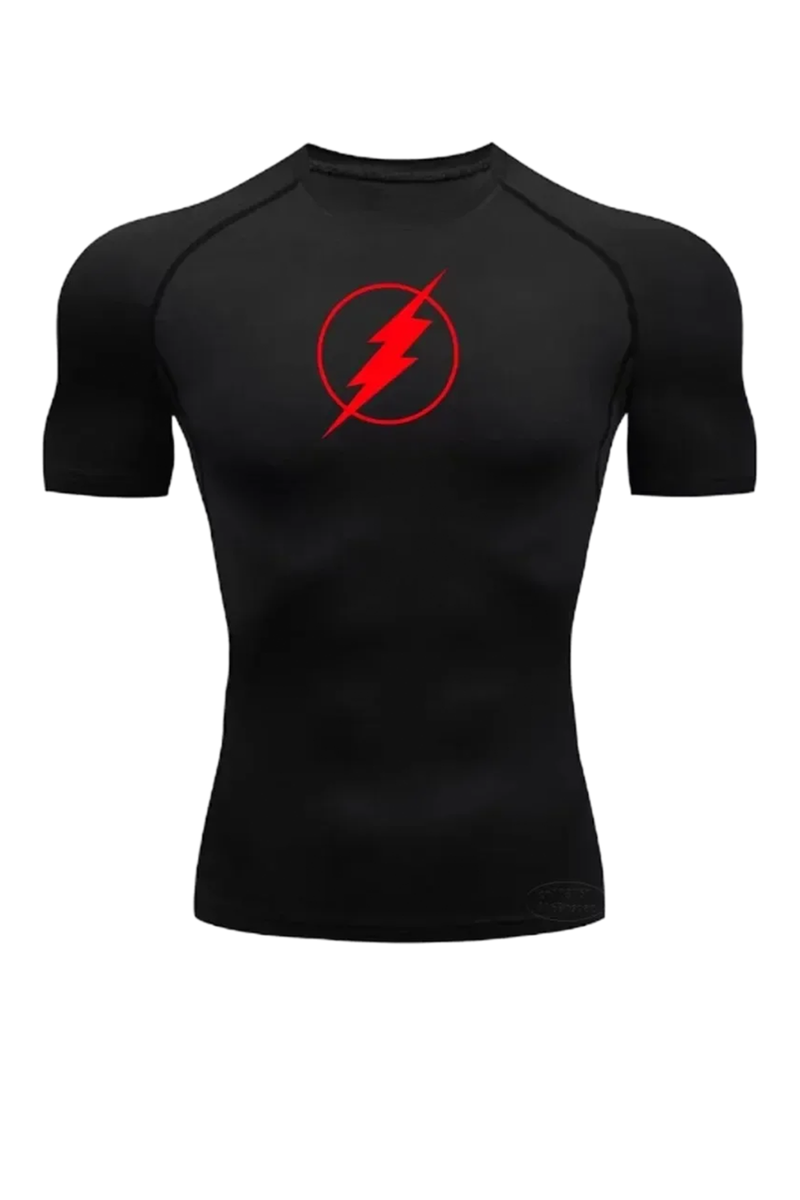 Black athletic shirt with a red logo on a white background