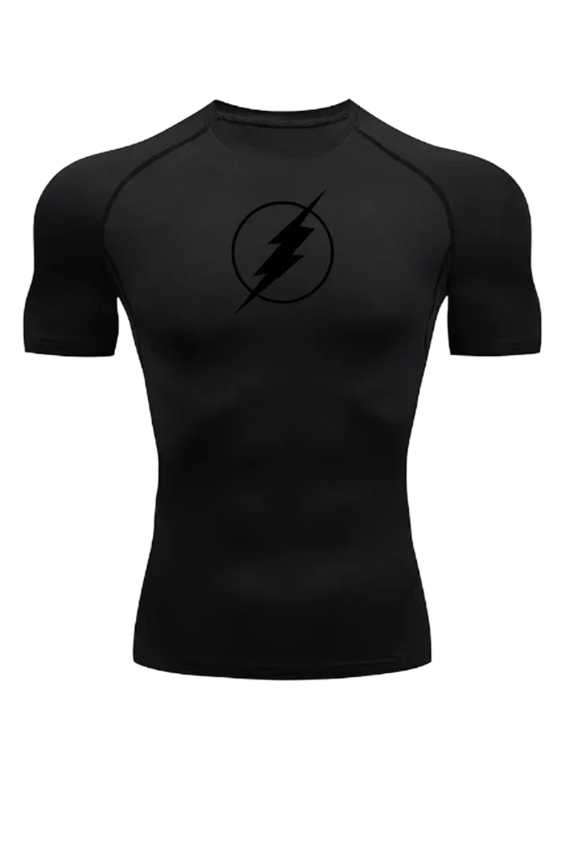 Black athletic shirt with a lightning bolt symbol on a white background