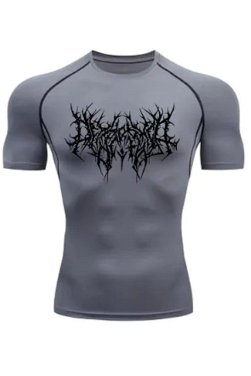 Vengeance compression shirt, designed for enhanced performance and comfort during workouts with bold, striking graphics.