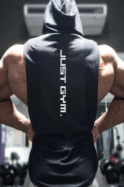 Black hoodie with 'Just Gym' text on the front, featuring a drawstring hood for adjustable coverage.