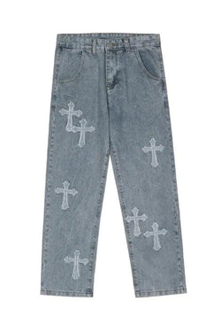 Blue jeans with white cross patterns on a white background