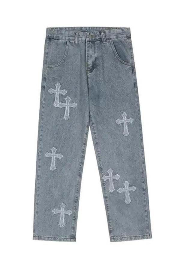 Blue jeans with white cross patterns on a white background