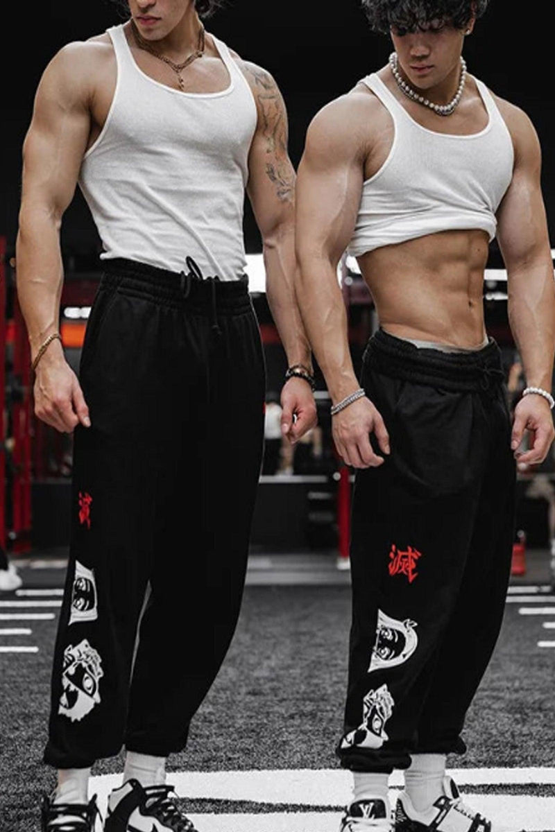 Gym joggers featuring 'Never Let Go' text, designed for comfort and performance with an adjustable waistband and tapered fit.