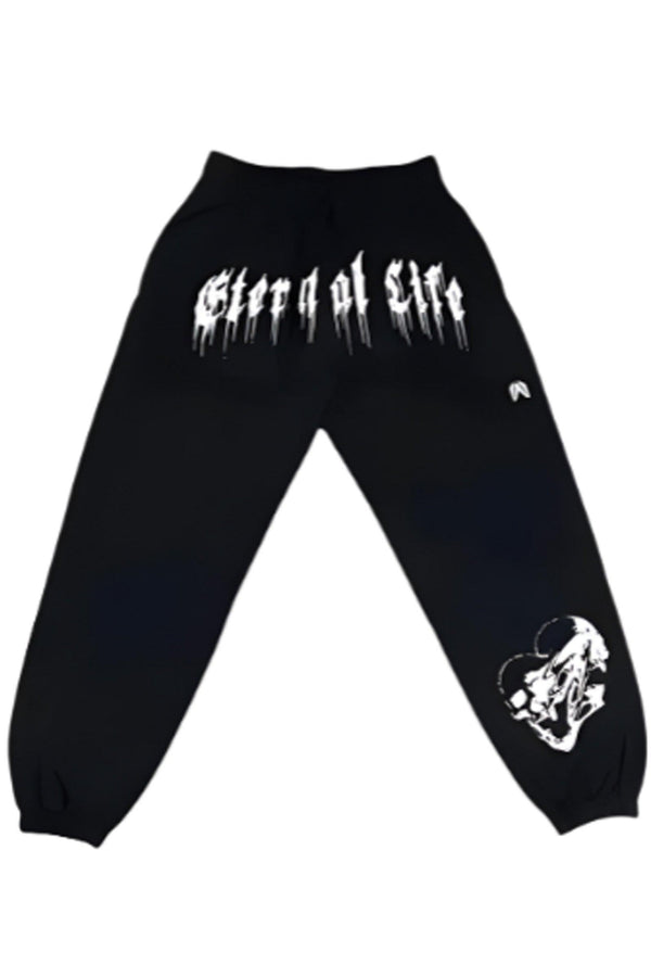 Unisex 'Eternal Life' Black joggers with elastic waist, side pockets, and tapered fit; 55% cotton, 45% polyester.