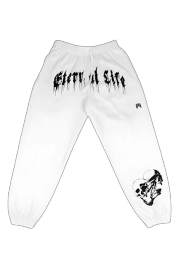 Unisex 'Eternal Life' White joggers with elastic waist, side pockets, and tapered fit; 55% cotton, 45% polyester.