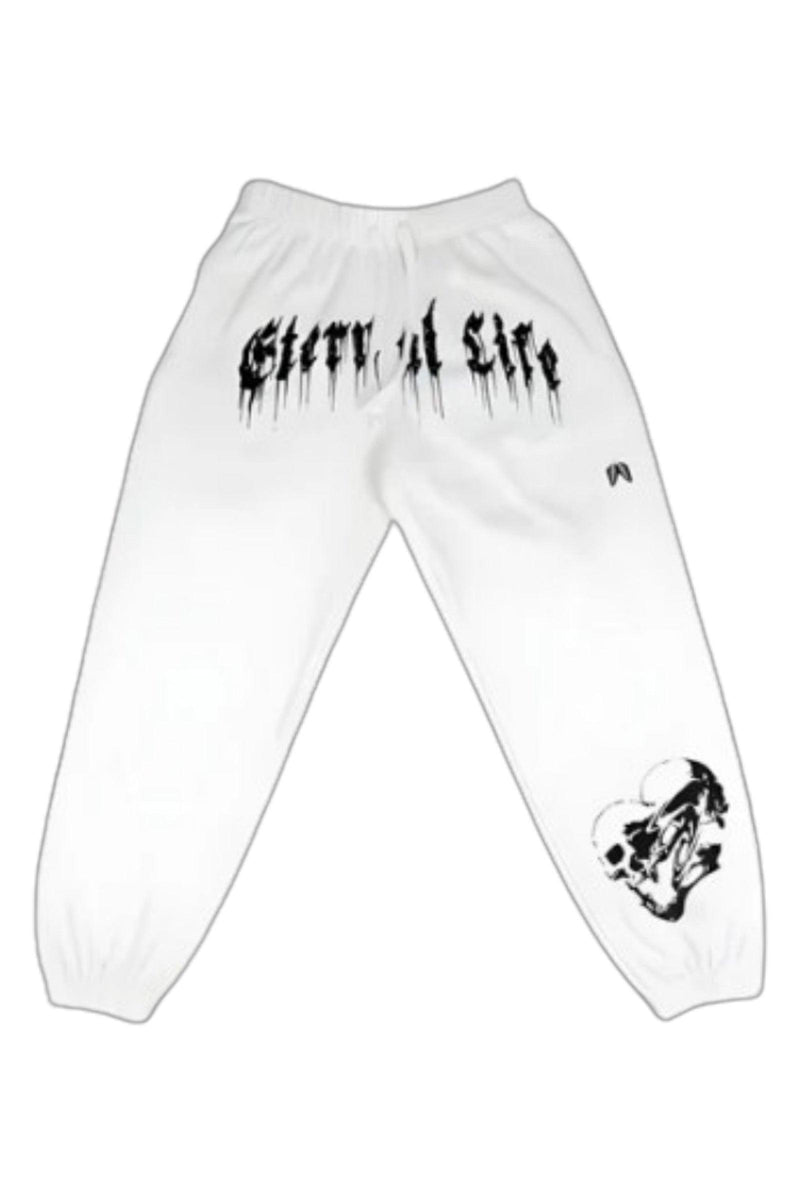 Unisex 'Eternal Life' White joggers with elastic waist, side pockets, and tapered fit; 55% cotton, 45% polyester.