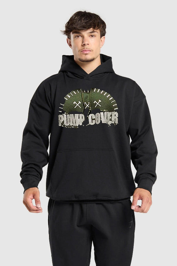 Black hoodie with 'Pump Cover' text on the front, designed for comfort during workouts.