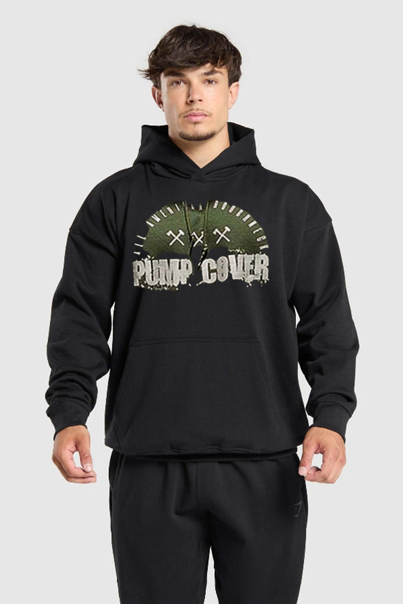 Black hoodie with 'Pump Cover' text on the front, designed for comfort during workouts.
