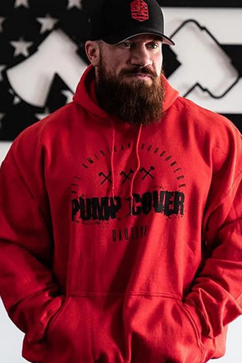 Red hoodie with 'Pump Cover' text on the front, designed for comfort during workouts.