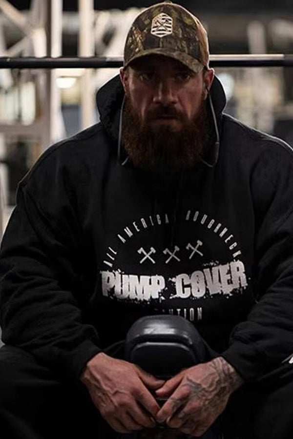 Black hoodie with 'Pump Cover' text on the front, designed for comfort during workouts.