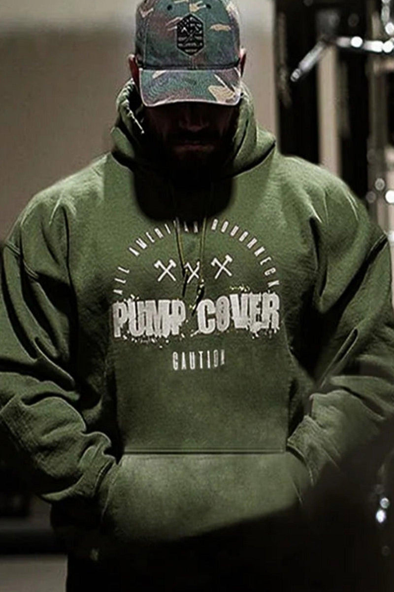 Green hoodie with 'Pump Cover' text on the front, designed for comfort during workouts.