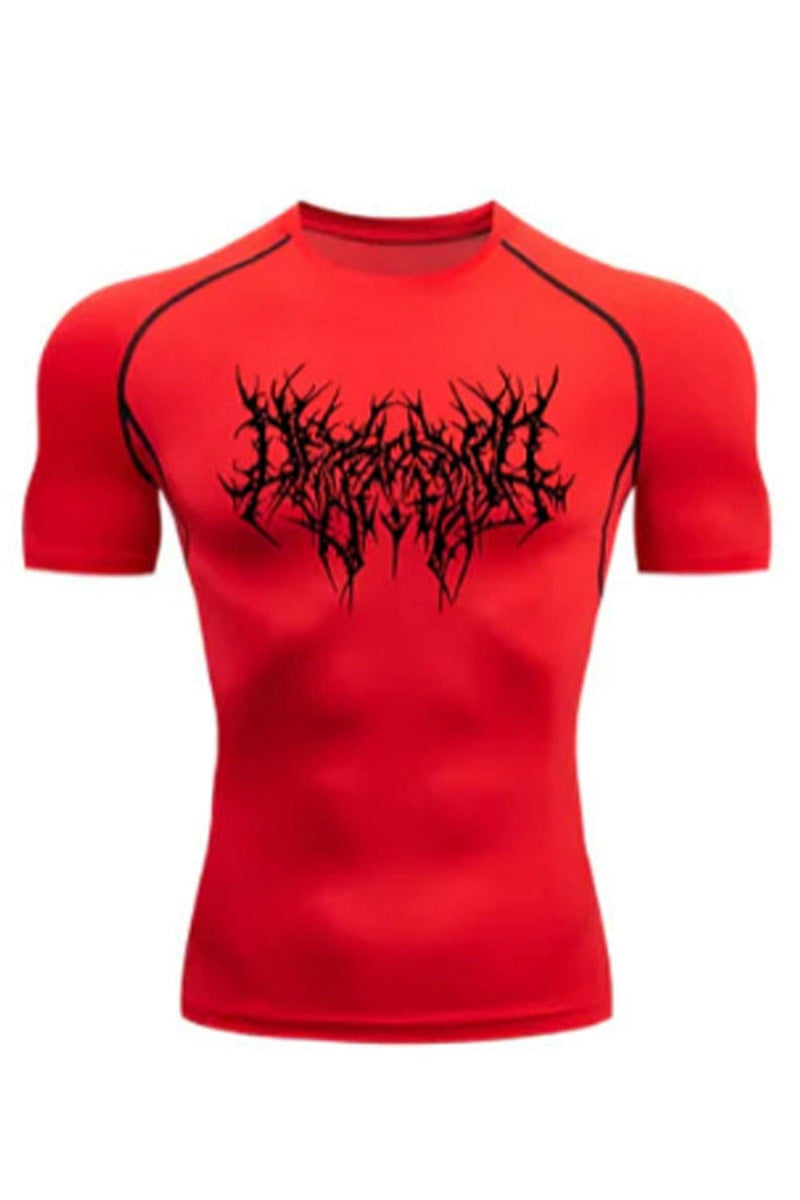 Vengeance compression shirt, designed for enhanced performance and comfort during workouts with bold, striking graphics.