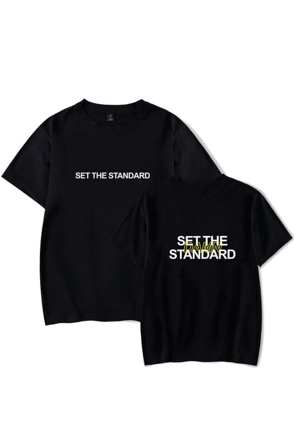 T-shirt featuring 'Set the Standard' text, designed for comfort and style with a relaxed fit, perfect for everyday wear.