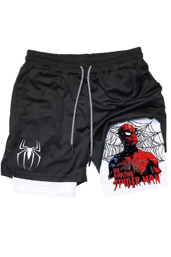 Gym shorts featuring the Spider-Man logo, designed for comfort and performance with a sleek, athletic fit.