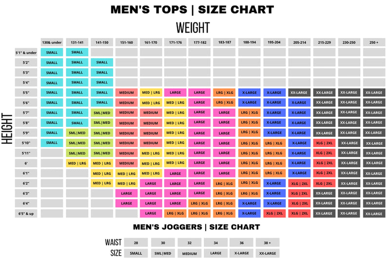 Size chart for men's tops and joggers with color-coded sizing.