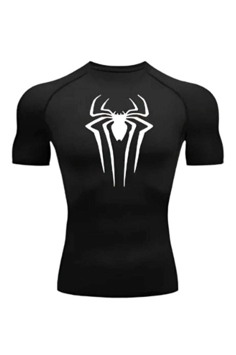 Short sleeve compression shirt featuring the Spider-Man logo, designed for enhanced performance and comfort during workouts.