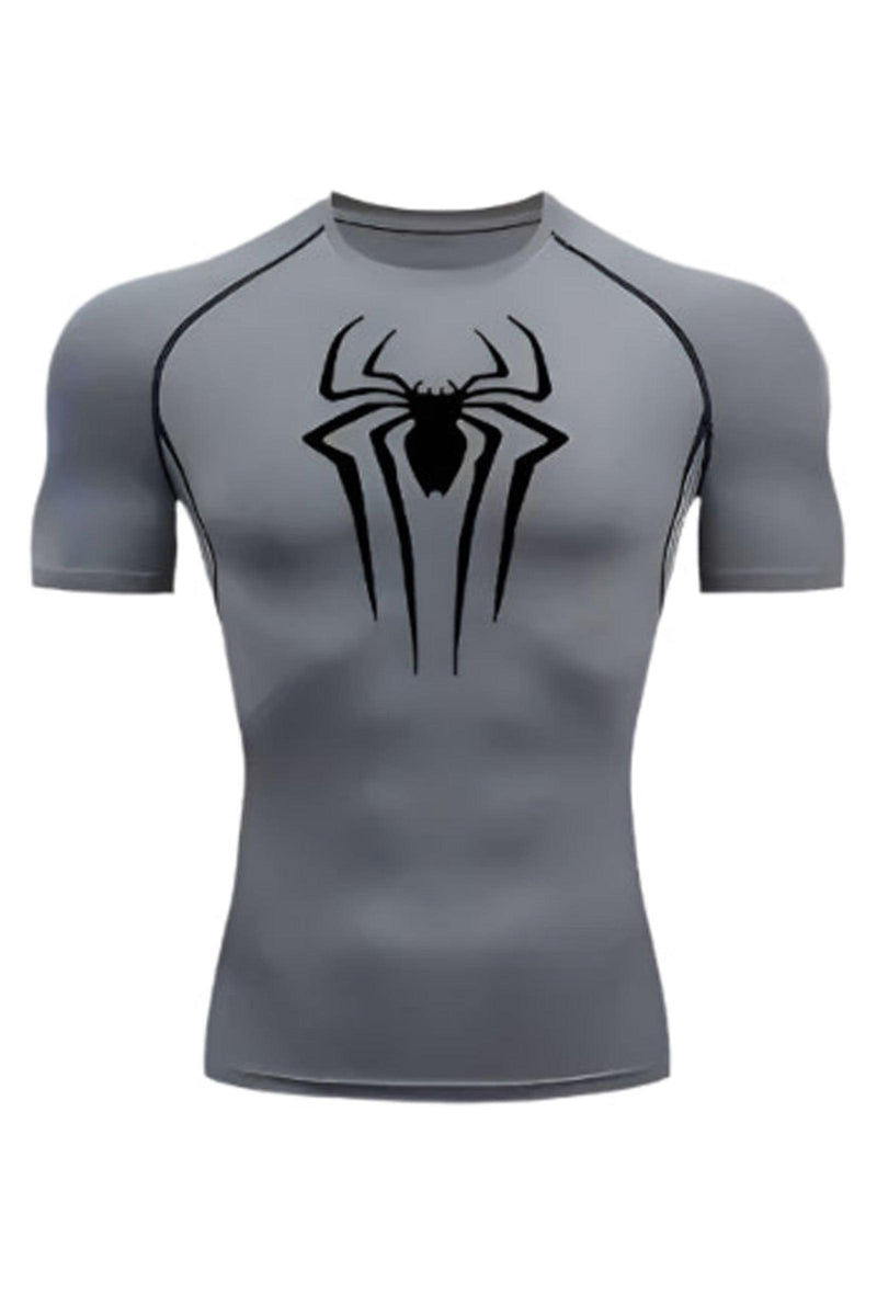 Short sleeve compression shirt featuring the Spider-Man logo, designed for enhanced performance and comfort during workouts.