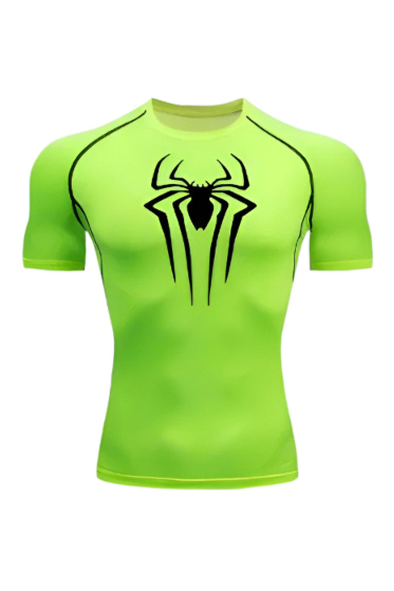 Short sleeve compression shirt featuring the Spider-Man logo, designed for enhanced performance and comfort during workouts.
